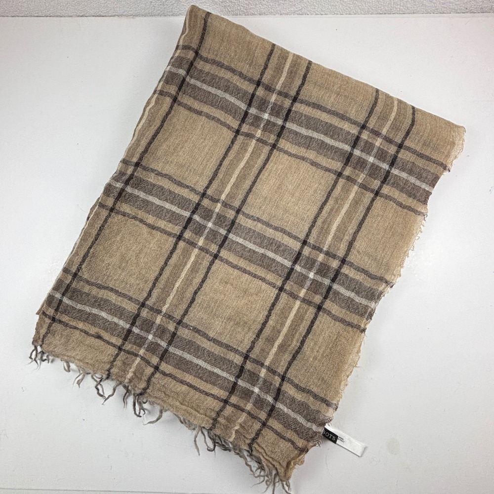 Talbots Scarf Womens OS Tan Plaid 100% Wool Made in Italy Fair Fringed Wrap FLAW